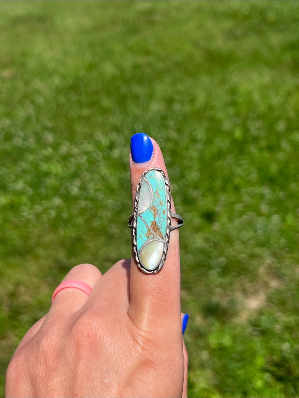 Sterling Silver Turquoise & Mother of Pearl Statement Ring - Turquoise